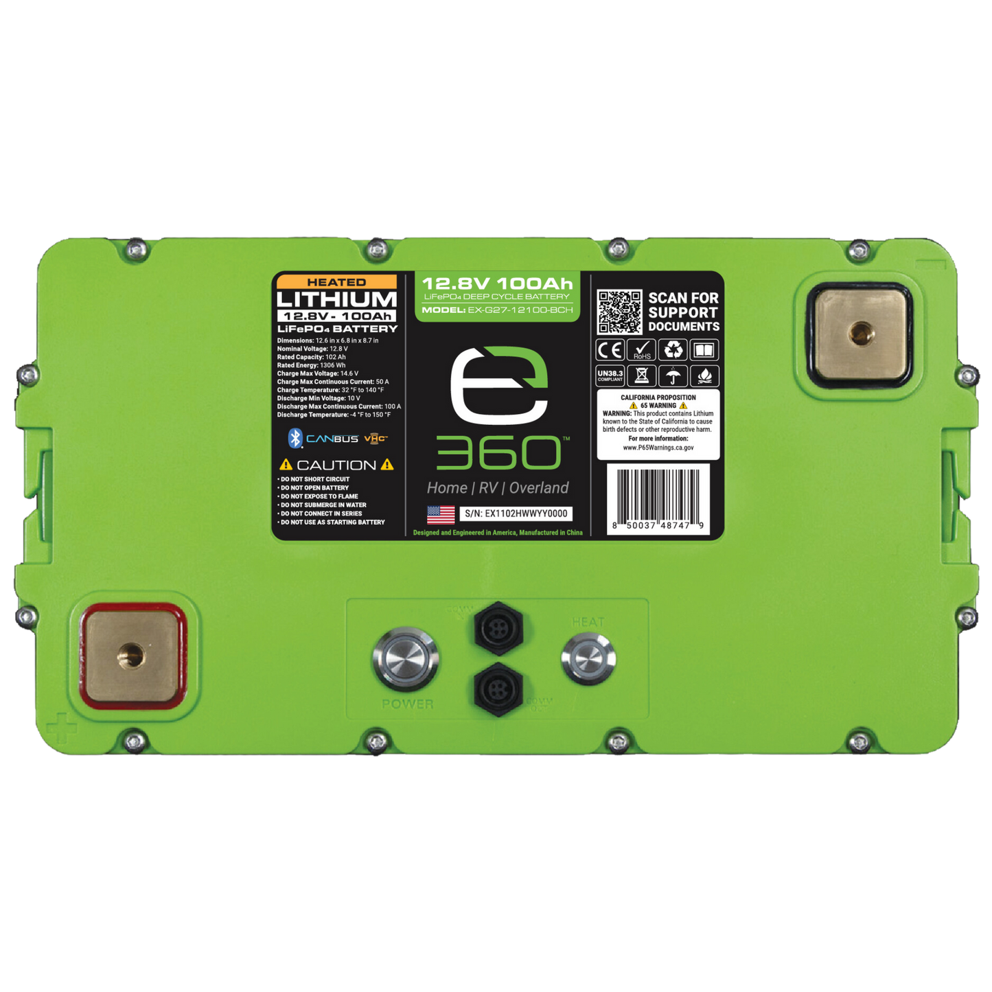 E360 Group 27 12V 100Ah Deep Cycle LiFePO4 Battery with Bluetooth, CAN Bus, and VHC (Vertical Heat Conduction) Internal Heating. [A]